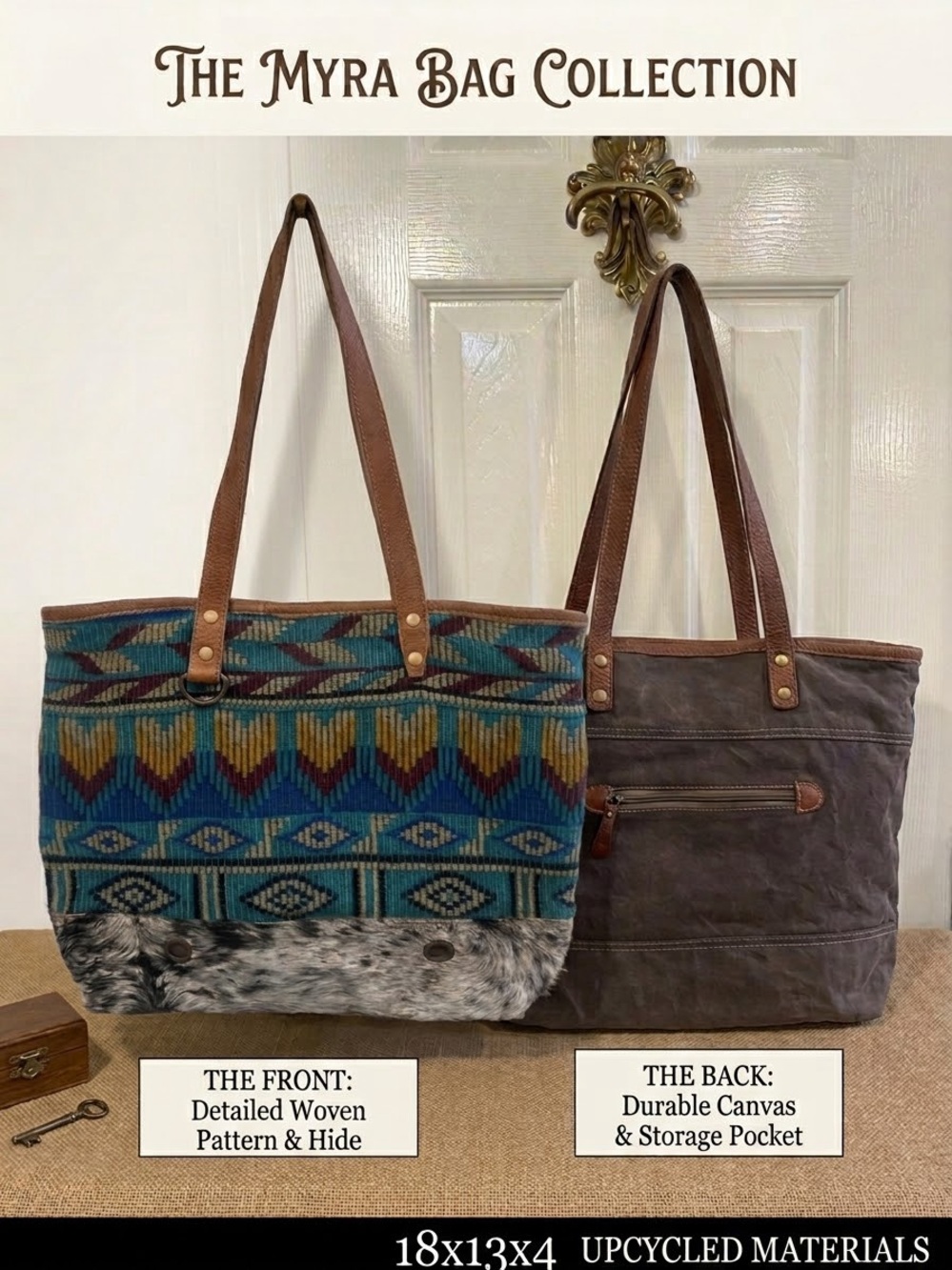 Myra Bag Rustic Aztec Teal & Brown Woven Tote Leather Straps 16”Wx13”Lx3”D